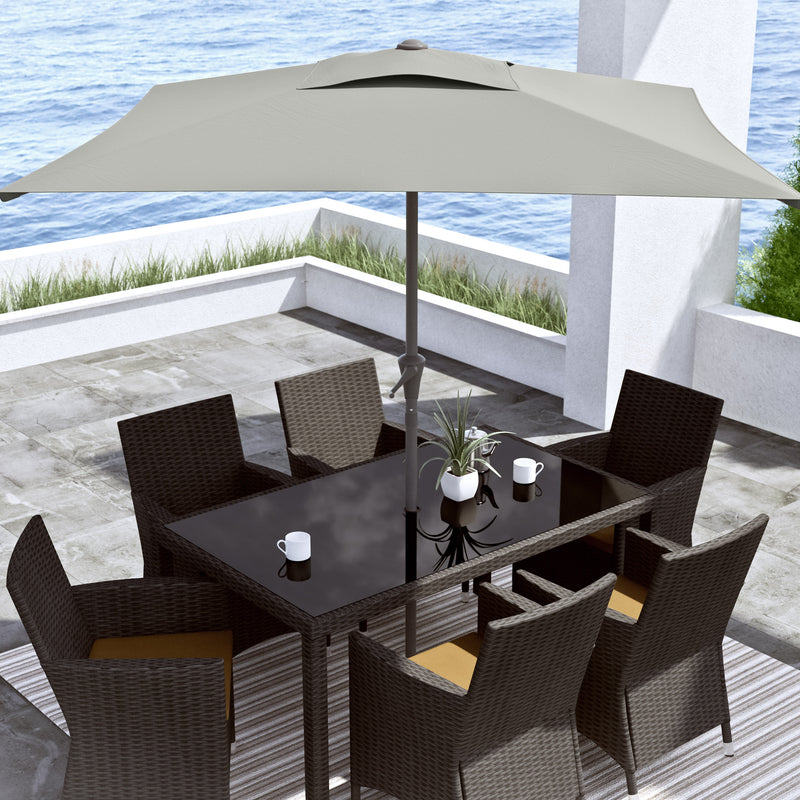 sand grey square patio umbrella, tilting with base 300 Series lifestyle scene CorLiving
