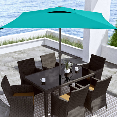 turquoise blue square patio umbrella, tilting with base 300 Series lifestyle scene CorLiving#color_turquoise-blue