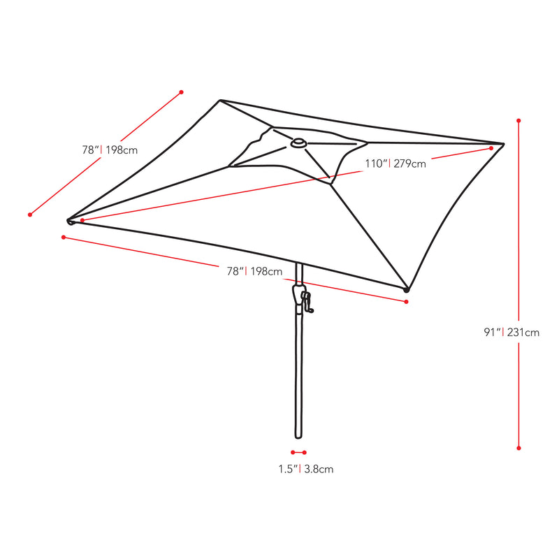 crimson red square patio umbrella, tilting with base 300 Series measurements diagram CorLiving
