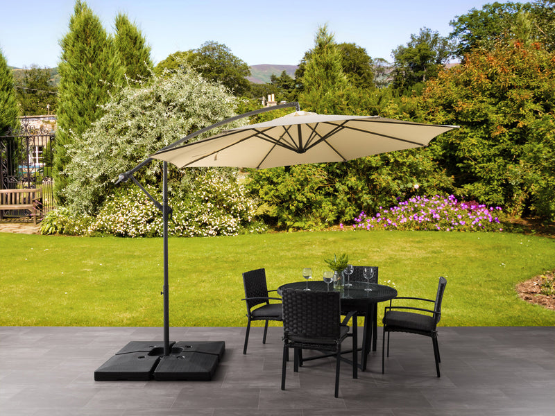 warm white offset patio umbrella with base 400 Series lifestyle scene CorLiving