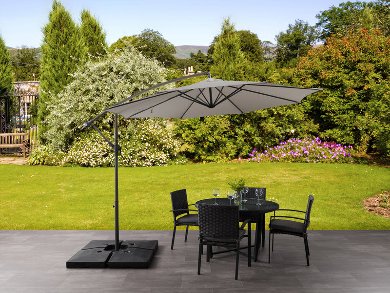 grey offset patio umbrella with base 400 Series lifestyle scene CorLiving