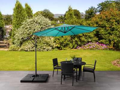 turquoise blue offset patio umbrella with base 400 Series lifestyle scene CorLiving#color_ppu-turquoise-blue
