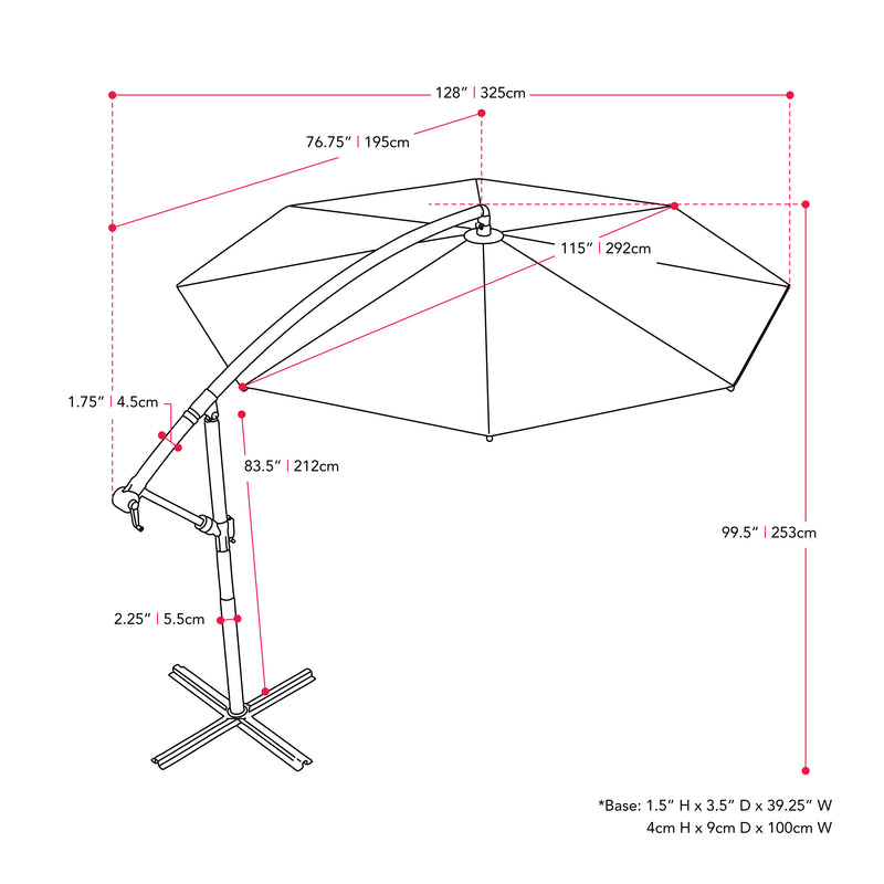 crimson red offset patio umbrella with base 400 Series measurements diagram CorLiving