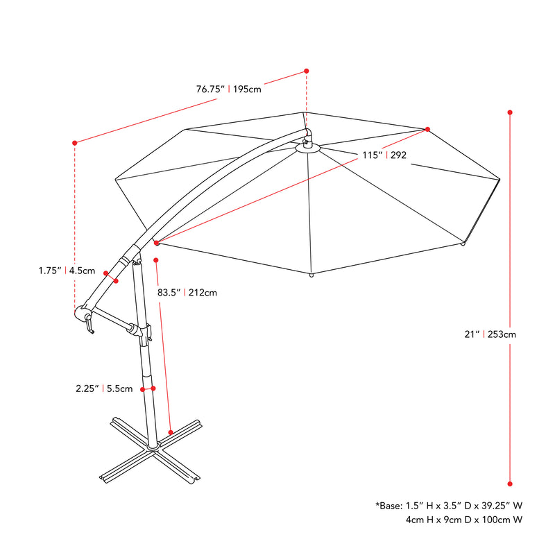 turquoise blue offset patio umbrella with base 400 Series measurements diagram CorLiving