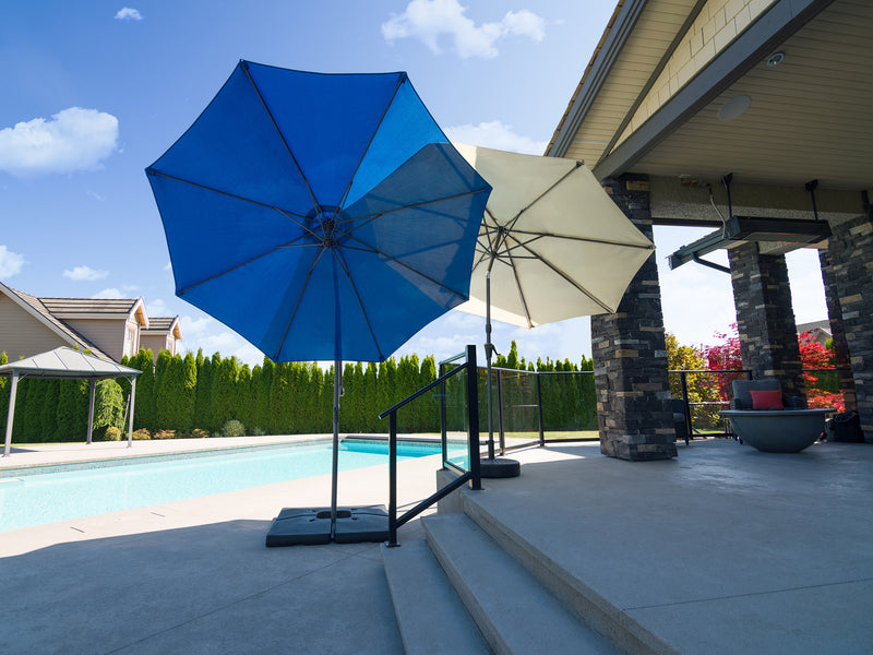 cobalt blue offset patio umbrella with base 400 Series lifestyle scene CorLiving