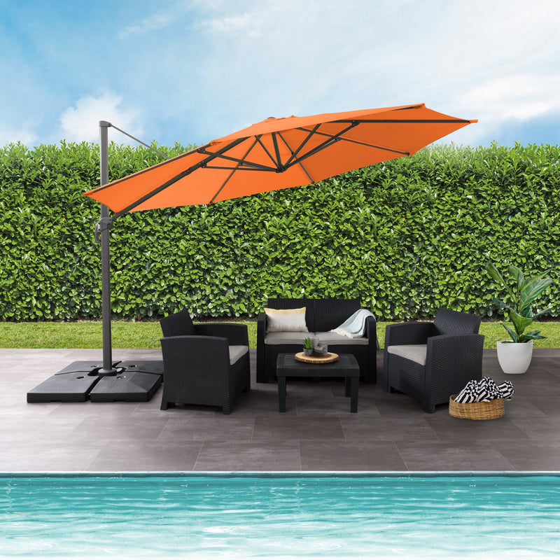 orange deluxe offset patio umbrella with base 500 Series lifestyle scene CorLiving
