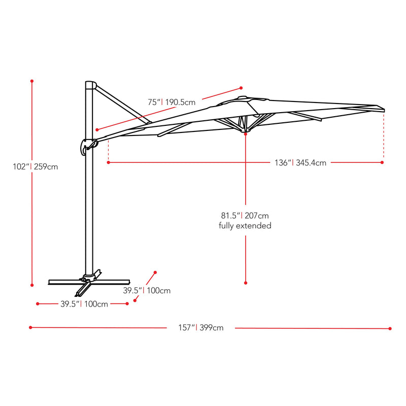 warm white deluxe offset patio umbrella with base 500 Series measurements diagram CorLiving
