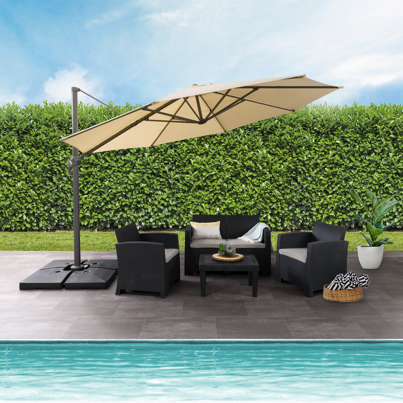 warm white deluxe offset patio umbrella with base 500 Series lifestyle scene CorLiving