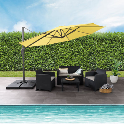 yellow deluxe offset patio umbrella with base 500 Series lifestyle scene CorLiving#color_ppu-yellow