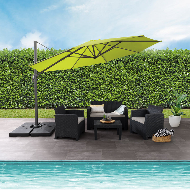 lime green deluxe offset patio umbrella with base 500 Series lifestyle scene CorLiving