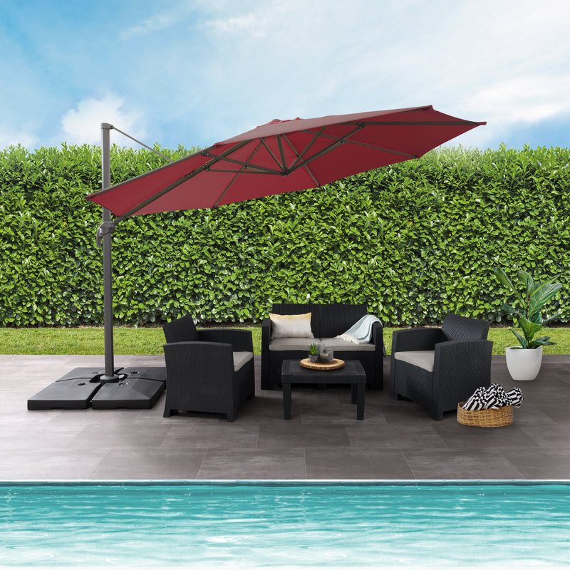 wine red deluxe offset patio umbrella with base 500 Series lifestyle scene CorLiving
