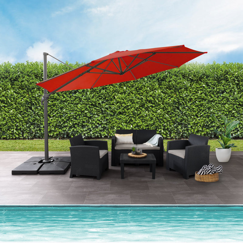 crimson red deluxe offset patio umbrella with base 500 Series lifestyle scene CorLiving