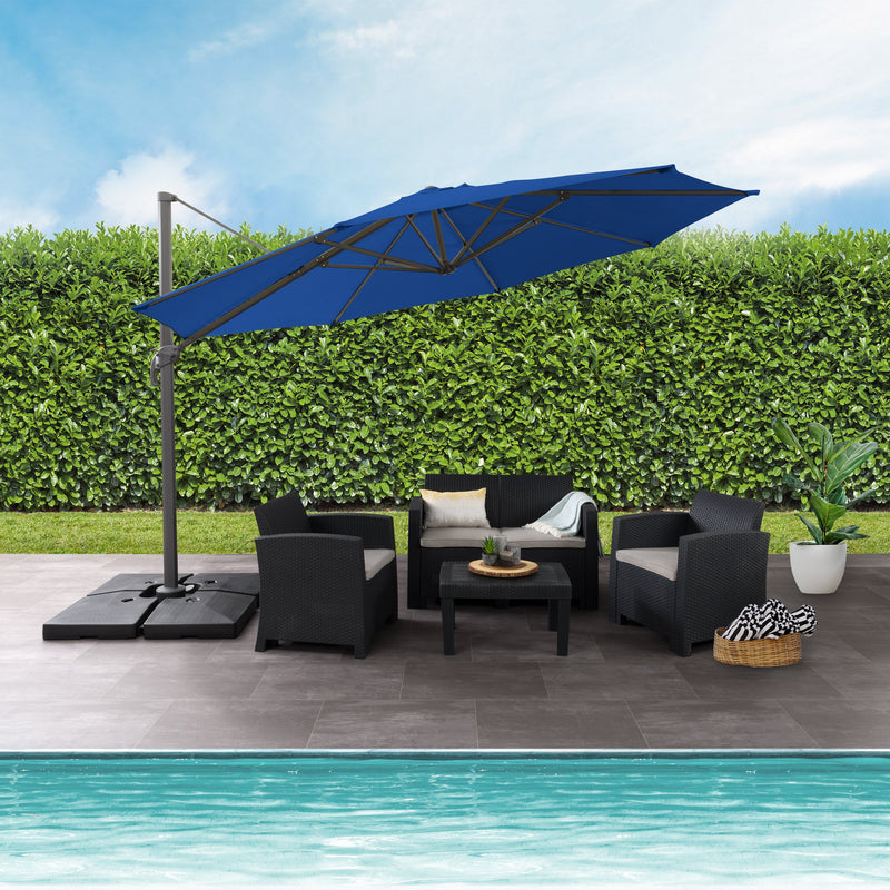 cobalt blue deluxe offset patio umbrella with base 500 Series lifestyle scene CorLiving