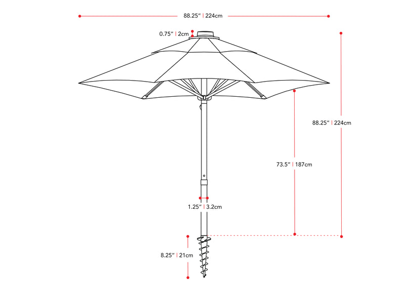 crimson red beach umbrella 600 Series measurements diagram CorLiving