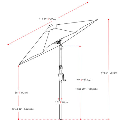 black large patio umbrella, tilting with base 700 Series measurements diagram CorLiving#color_ppu-black