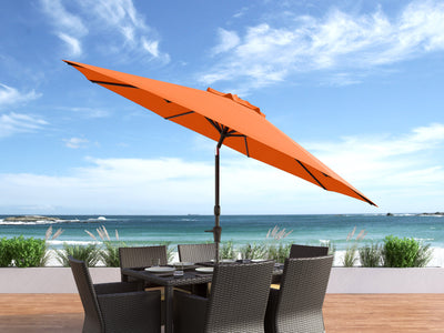 orange large patio umbrella, tilting with base 700 Series lifestyle scene CorLiving#color_ppu-orange