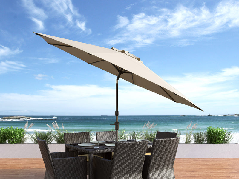 warm white large patio umbrella, tilting with base 700 Series lifestyle scene CorLiving