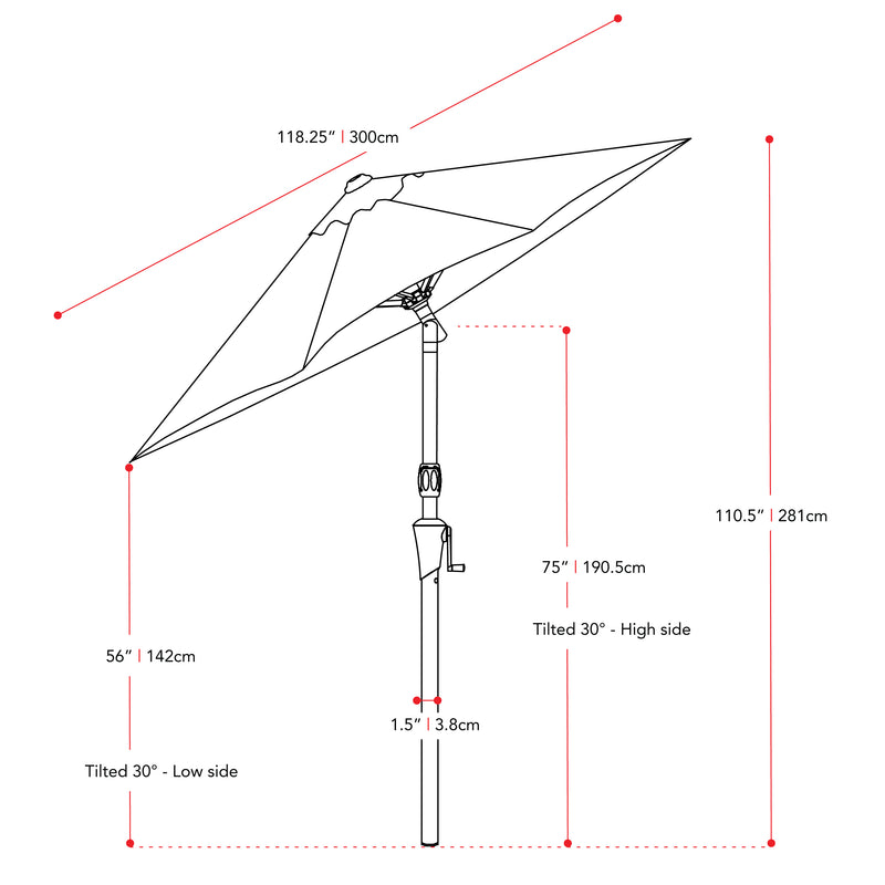 sandy brown large patio umbrella, tilting with base 700 Series measurements diagram CorLiving