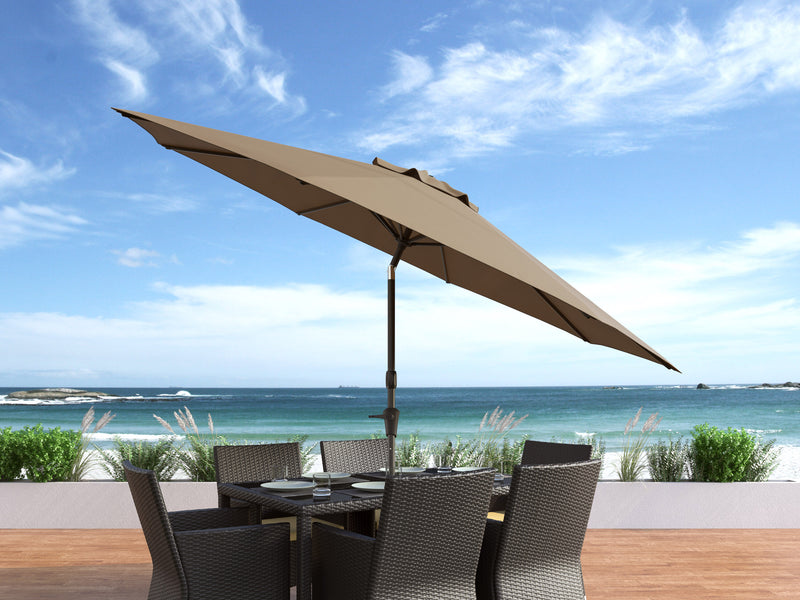 sandy brown large patio umbrella, tilting with base 700 Series lifestyle scene CorLiving