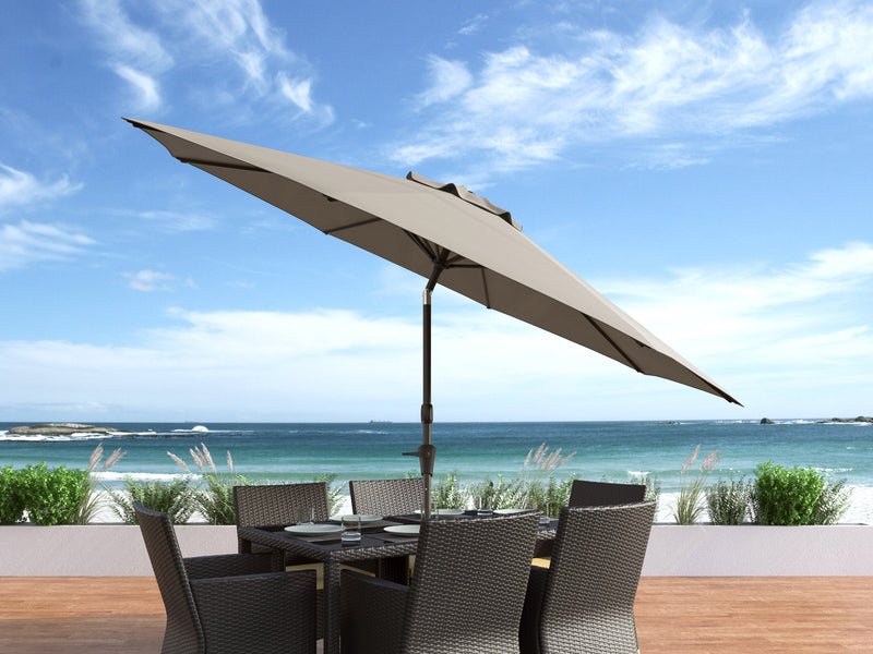 sand grey large patio umbrella, tilting with base 700 Series lifestyle scene CorLiving