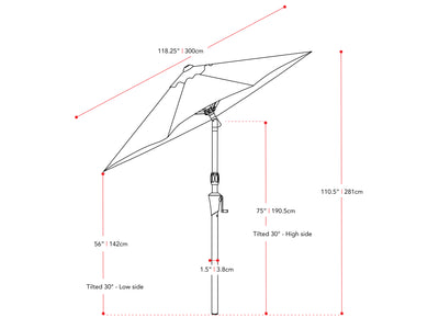 wine red large patio umbrella, tilting 700 Series measurements diagram CorLiving#color_ppu-wine-red