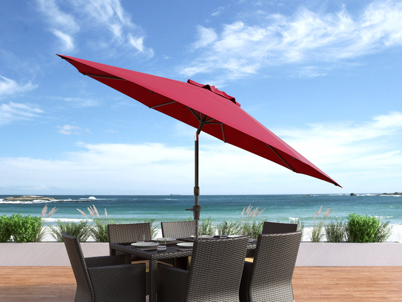 wine red large patio umbrella, tilting 700 Series lifestyle scene CorLiving
