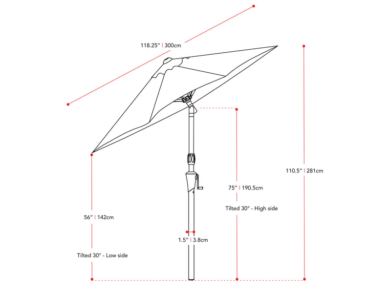 turquoise blue large patio umbrella, tilting 700 Series measurements diagram CorLiving