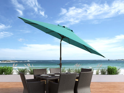 turquoise blue large patio umbrella, tilting with base 700 Series lifestyle scene CorLiving#color_ppu-turquoise-blue