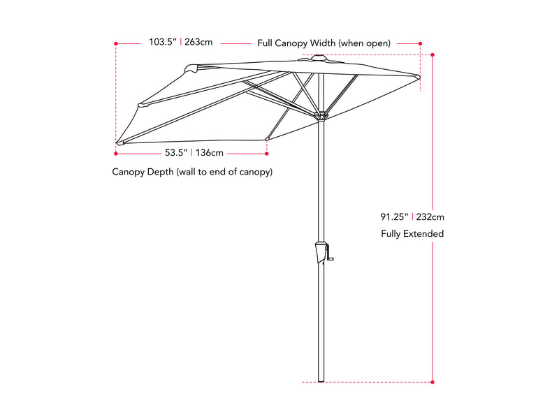 ruby red half umbrella Versa Collection measurements diagram CorLiving
