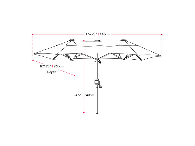 warm white double patio umbrella, 15ft Bertha Collection measurements diagram CorLiving