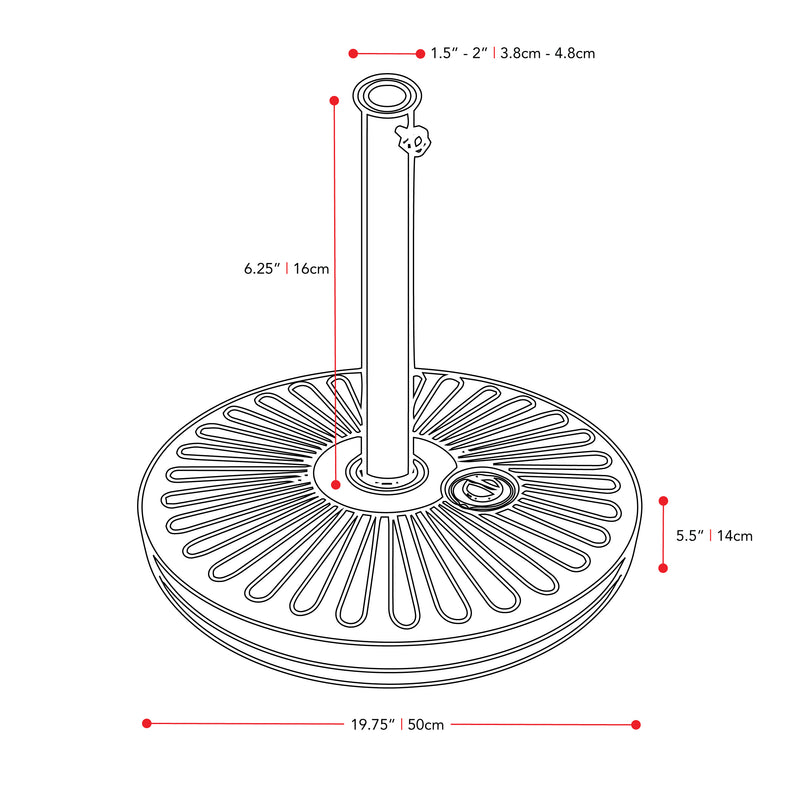 dark grey 10ft patio umbrella, round tilting with base 200 Series measurements diagram CorLiving