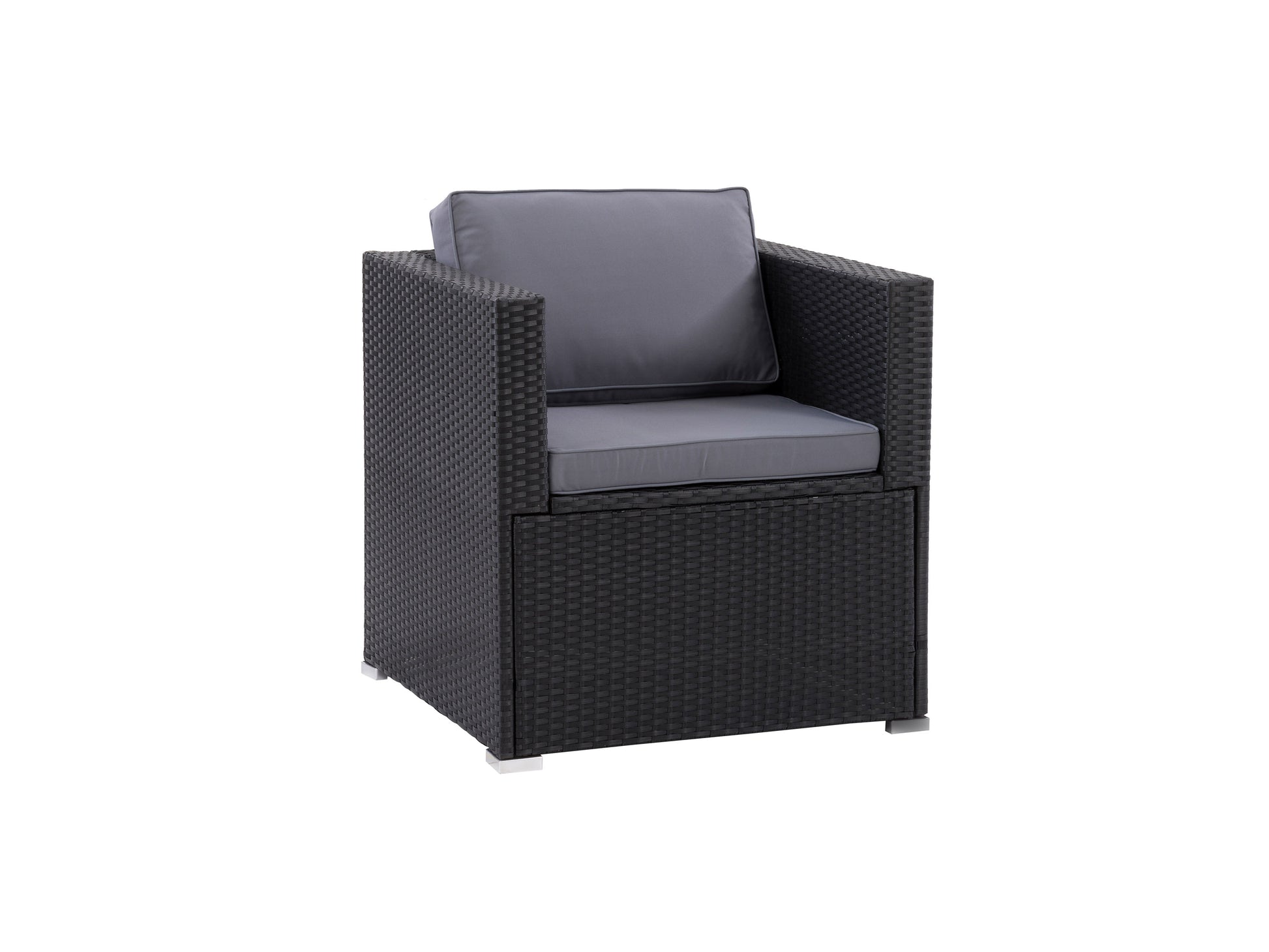 Black metal patio chair with a curved backrest and light brown wooden slats on the seat and back, featuring a minimalist design perfect for outdoor seating.