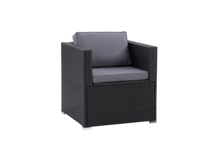Black metal patio chair with a curved backrest and light brown wooden slats on the seat and back, featuring a minimalist design perfect for outdoor seating.