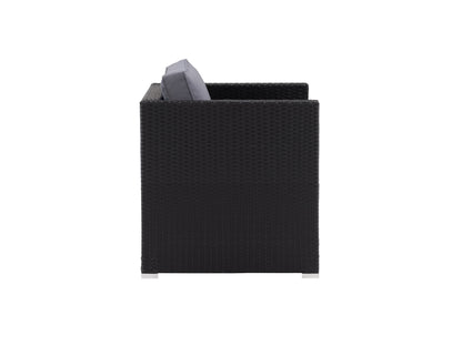 Black metal patio chair with slatted seat and backrest, featuring a modern design and durable construction, perfect for outdoor use.