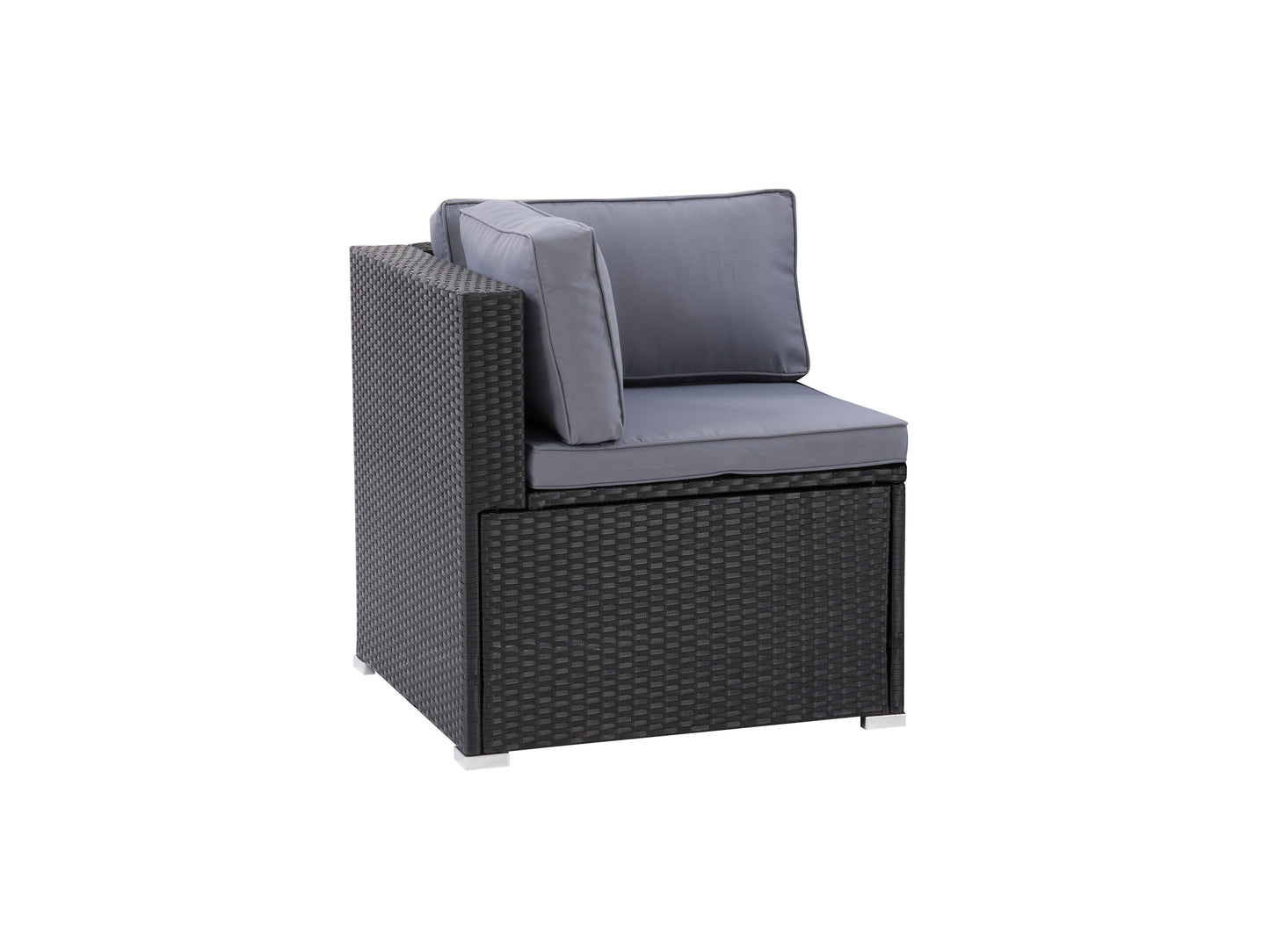 Outdoor corner patio chair with white cushions, dark brown wicker frame, and an aluminum base. Perfect for modern outdoor seating areas. Durable, weather-resistant materials ensure long-lasting comfort and style.