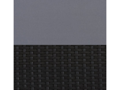 Modern patio chair with dark gray metal frame, light gray cushions, and wooden armrests, featuring sleek lines and weather-resistant materials for outdoor use.
