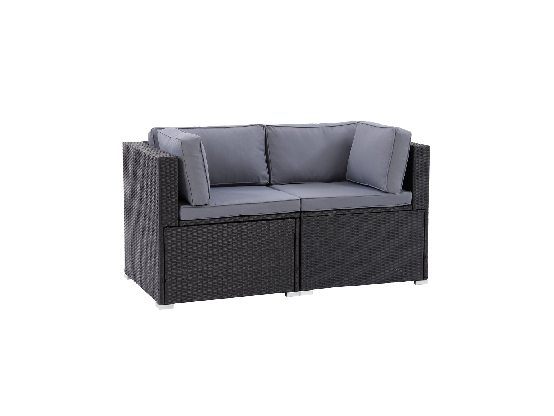 Alt tag: Modern outdoor loveseat, 2-piece set with grey cushions, black powder-coated metal frame, and woven rattan accents, ideal for patio seating.