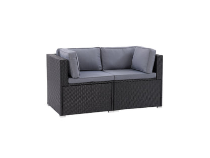 Alt tag: Modern outdoor loveseat, 2-piece set with grey cushions, black powder-coated metal frame, and woven rattan accents, ideal for patio seating.