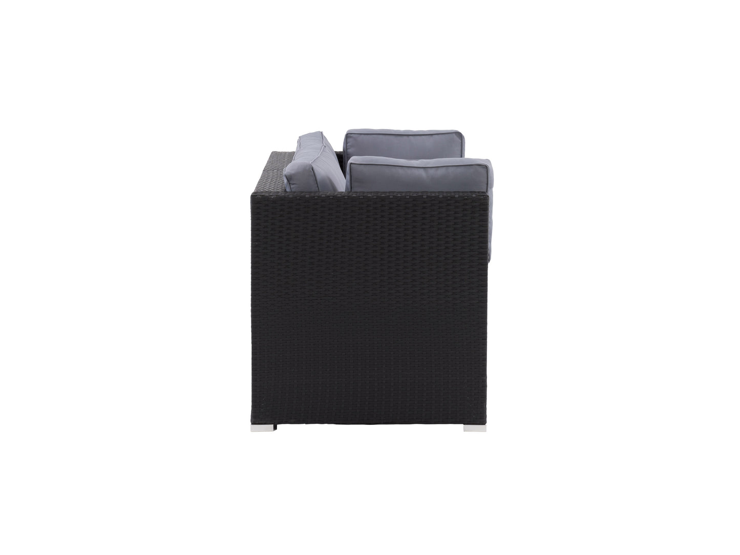 Modern patio chair with sleek black metal frame, cushioned seat and backrest in neutral beige fabric, featuring weather-resistant materials, perfect for outdoor lounging and garden furniture sets.