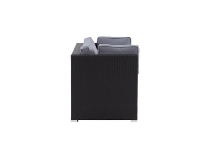 Modern patio chair with sleek black metal frame, cushioned seat and backrest in neutral beige fabric, featuring weather-resistant materials, perfect for outdoor lounging and garden furniture sets.