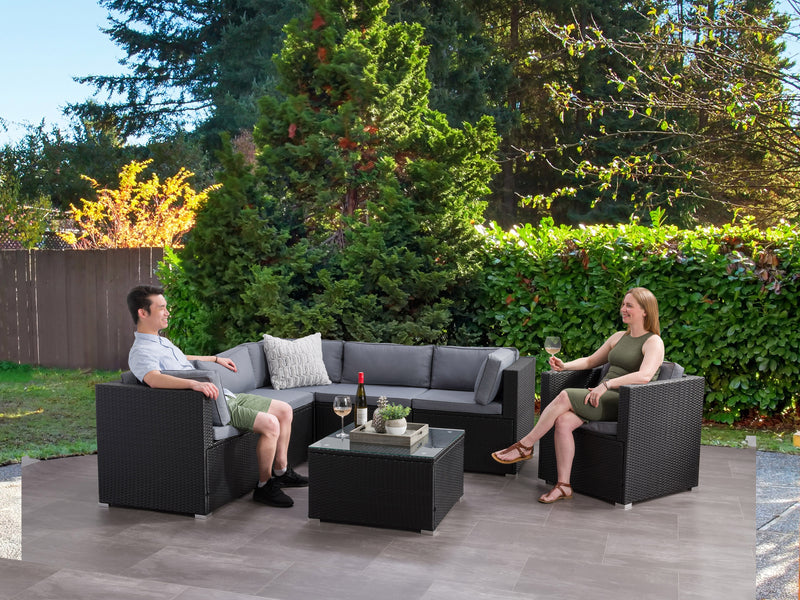black and ash grey Outdoor Sectional Set, 7pc Parksville Collection lifestyle scene by CorLiving