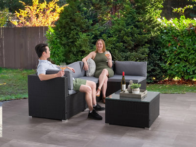 black and ash grey 5-Piece Patio Wicker Sectional Set Parksville Collection lifestyle scene by CorLiving#color_black-and-ash-grey