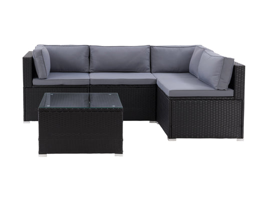 5-piece patio wicker sectional set with beige cushions, dark brown rattan frame, modular design, and glass-top coffee table, perfect for outdoor lounging and entertaining.