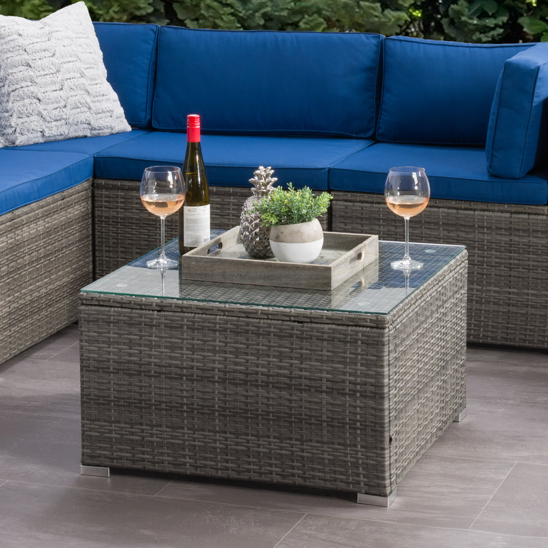 blended grey Square Outdoor Coffee Table Parksville Collection lifestyle scene by CorLiving