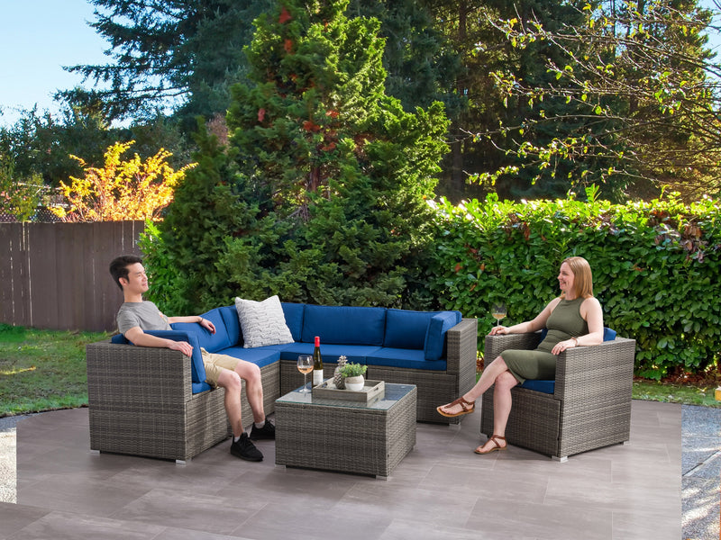 blended grey and oxford blue Outdoor Sectional Set, 7pc Parksville Collection lifestyle scene by CorLiving