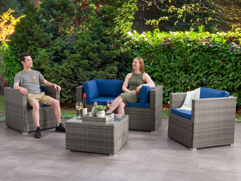 blended grey and oxford blue Outdoor Sofa Set, 5pc Parksville Collection lifestyle scene by CorLiving