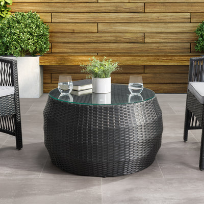 black weave Round Wicker Coffee Table Parksville Collection lifestyle scene by CorLiving#color_textured-black-weave