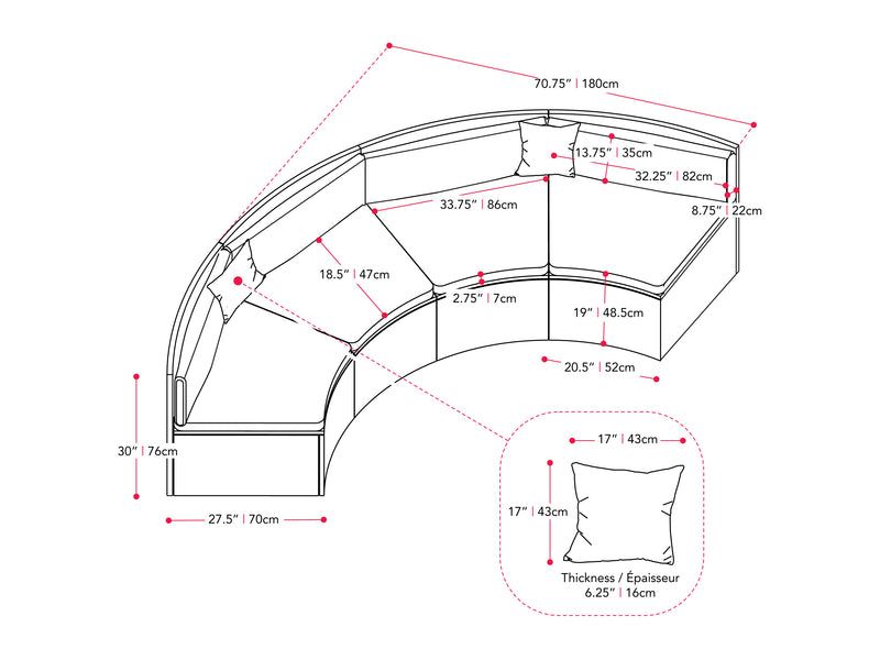 blended grey and oxford blue Curved Outdoor Sofa, 2pc Parksville Collection measurements diagram by CorLiving