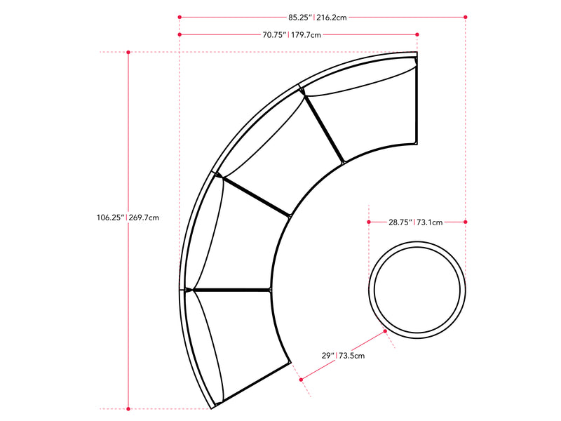 blended grey and oxford blue Curved Outdoor Sectional Set, 3pc Parksville Collection measurements diagram by CorLiving