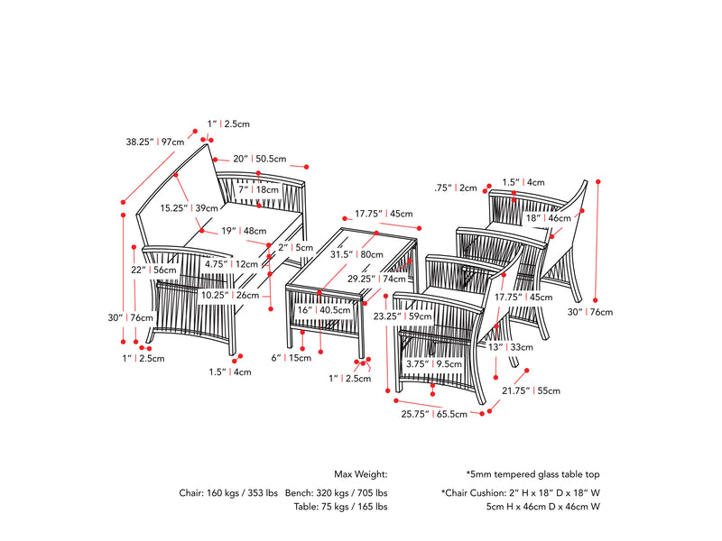 black and grey 4pc Patio Set Parksville Collection measurements diagram by CorLiving